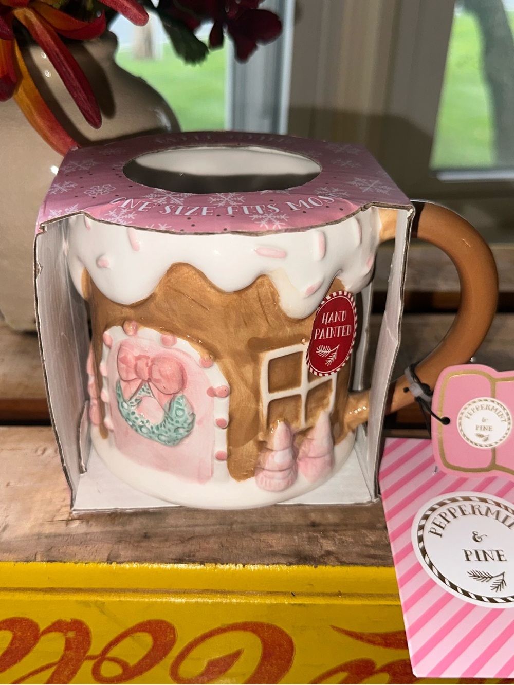 Peppermint & Pine Ceramic Gingerbread House Mug New